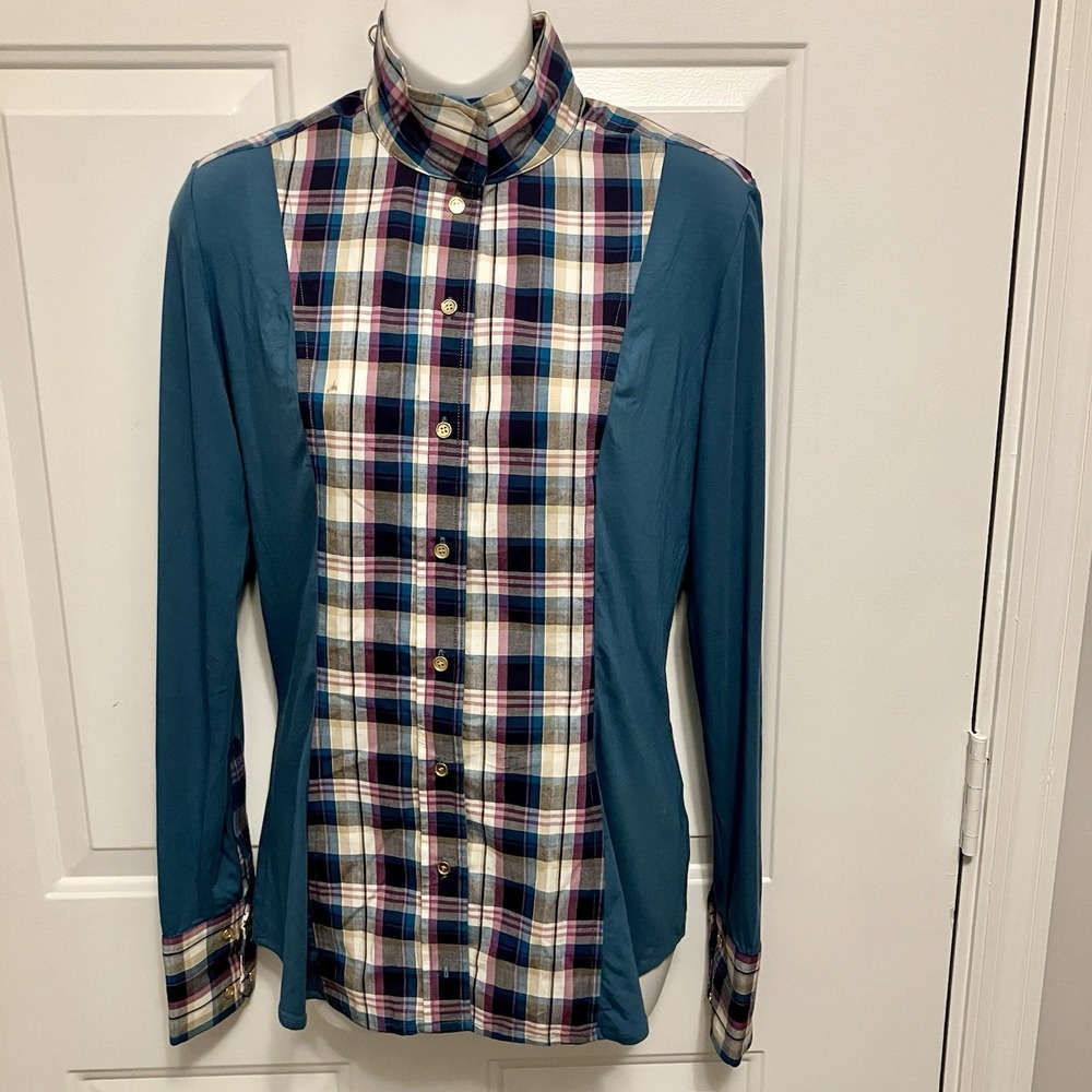 Le Fash Sz Medium Long Sleeve Horseback Riding Show Shirt Green Plaid Women's